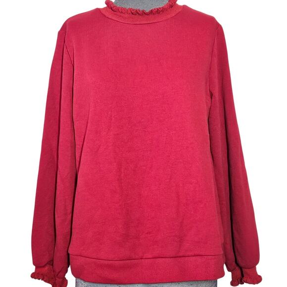 Red Ruffle Neckline Cotton Blend Sweatshirt Size XL - Picture 1 of 4